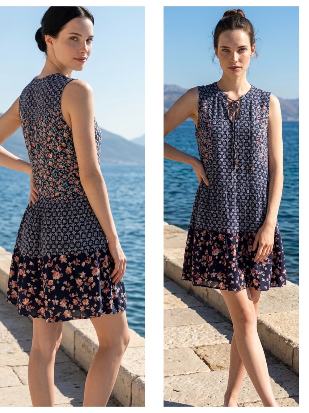 True Craft Women Sz XL Navy Mixed-Print Sleeveless Floral Short Dress front ties